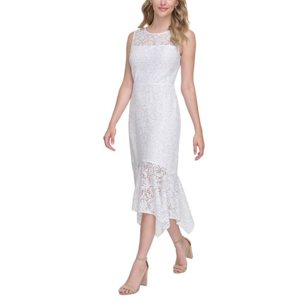 NWT Kenzie white sleeveless asymmetric midi dress,  White floral lace Size 2